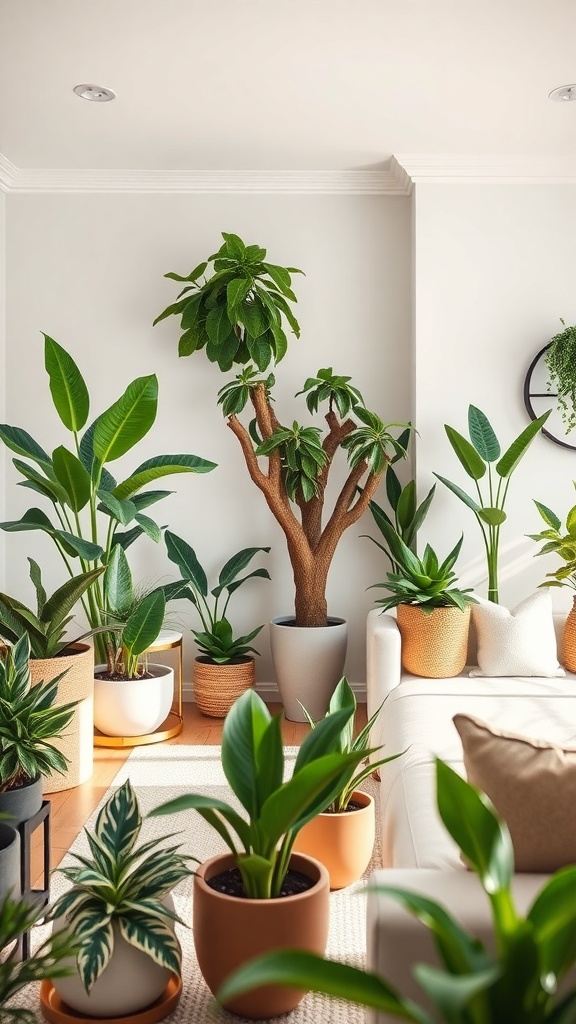 A cozy living room filled with various indoor plants in stylish pots, creating a fresh and inviting atmosphere.