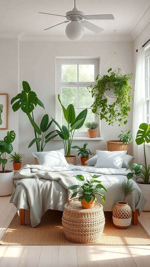 A bright bedroom with various indoor plants, featuring a bed with soft bedding, a ceiling fan, and natural light coming through the window.