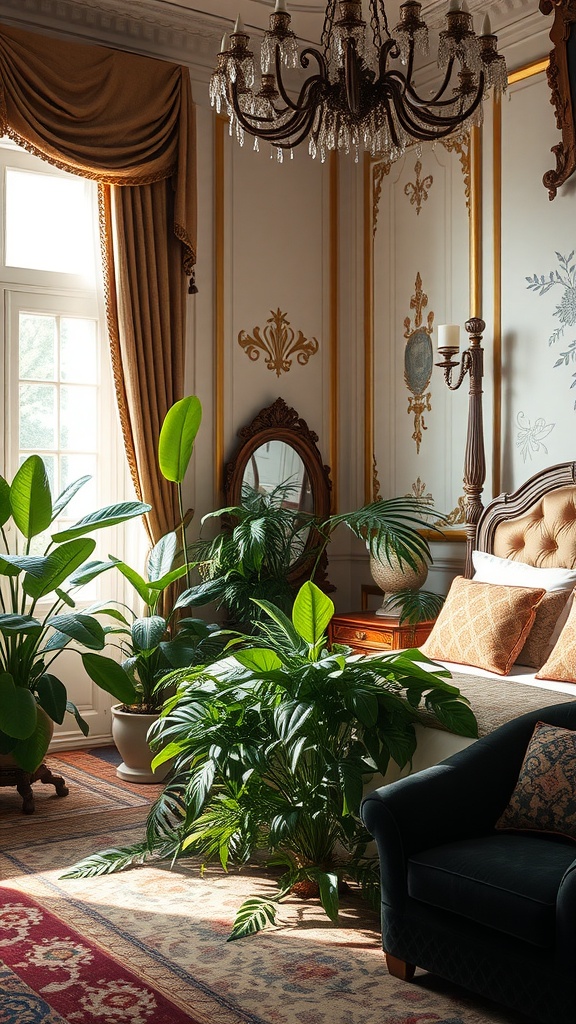 A luxurious bedroom featuring various indoor plants, elegant curtains, and ornate decor.