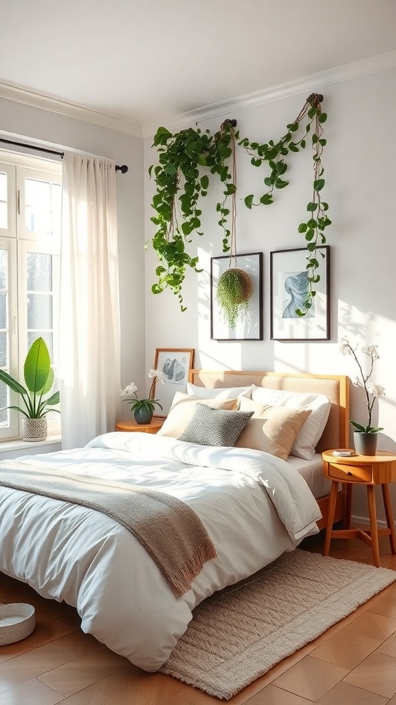 A cozy winter bedroom with indoor plants, featuring a bed with neutral bedding, a wooden headboard, and hanging greenery.