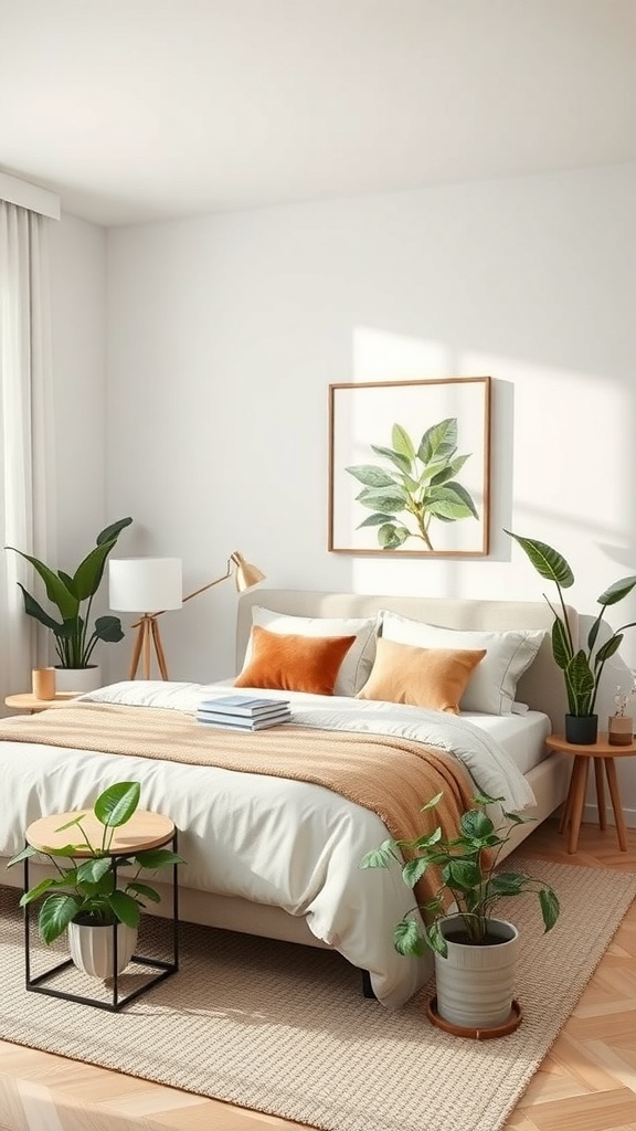 A bright and cozy bedroom featuring indoor plants, neutral bedding, and warm accents.