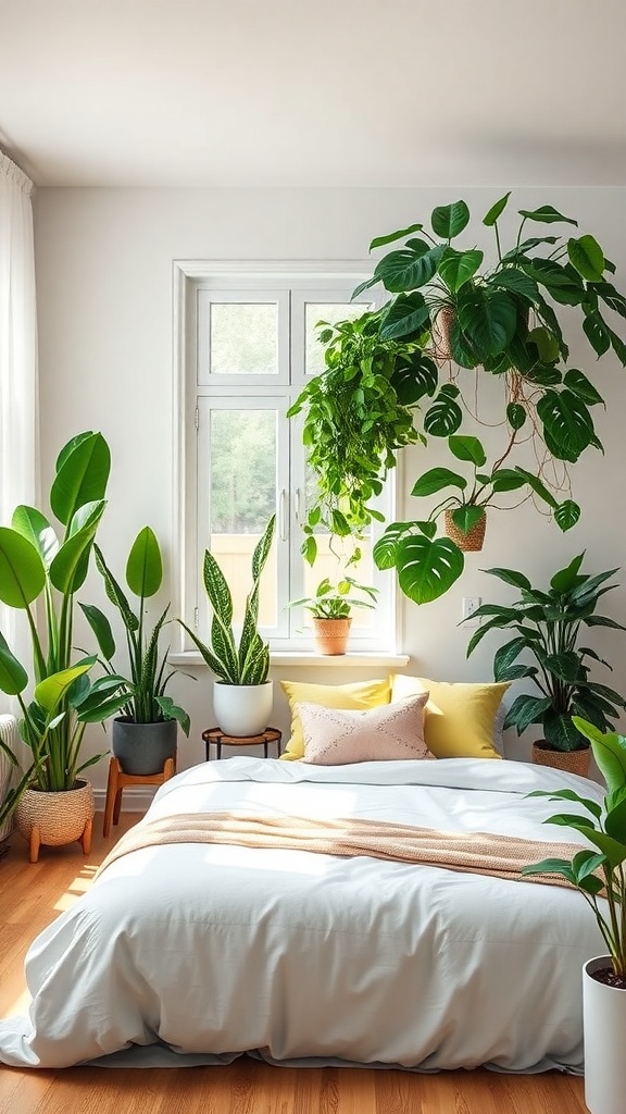 A bright bedroom with various indoor plants, including a hanging monstera, snake plants, and potted greenery, creating a fresh and inviting atmosphere.