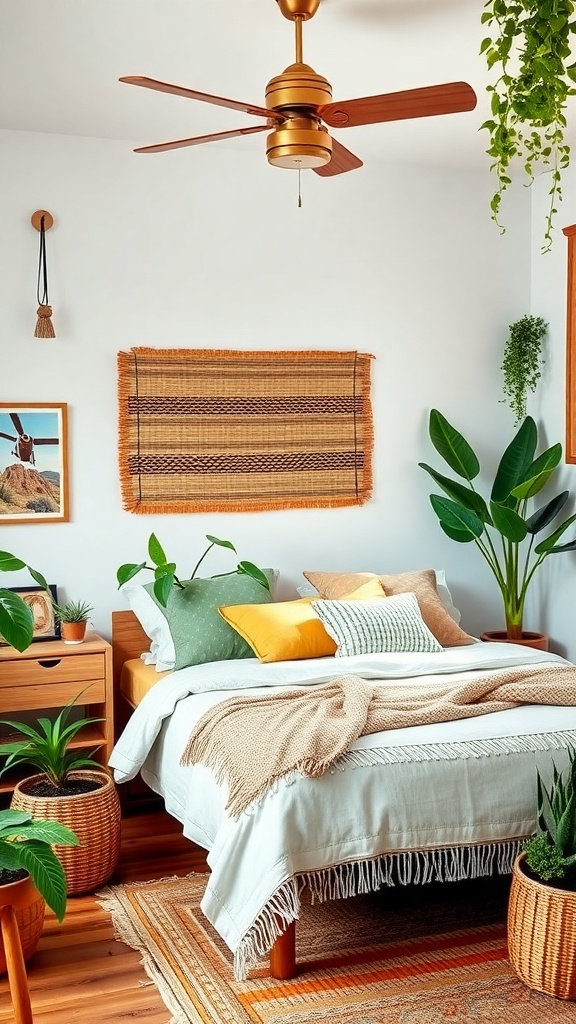 A cozy bedroom featuring indoor plants, a wooden bed, and warm textiles.