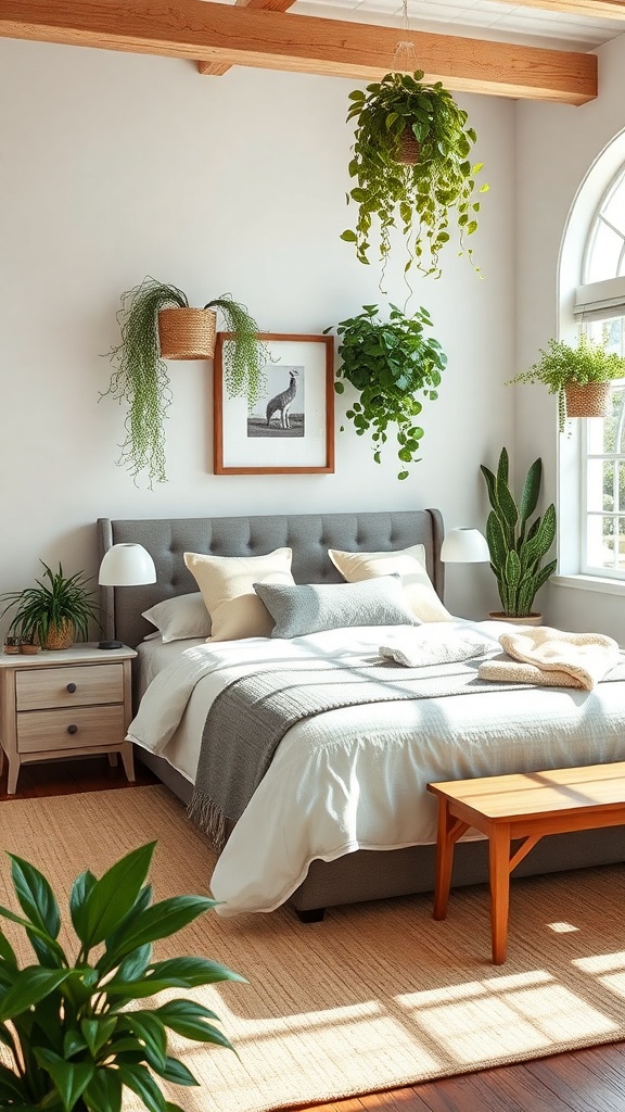 Cozy farmhouse bedroom with indoor plants, featuring a bed, hanging plants, and a bedside table.