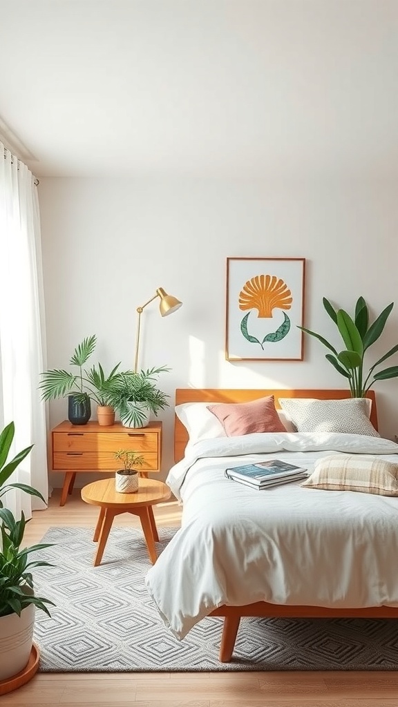 A mid-century modern bedroom featuring indoor plants, a wooden bed, and a cozy atmosphere.