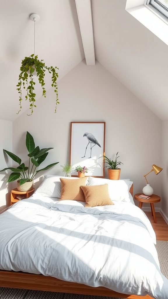 A cozy bedroom with sloped ceiling featuring indoor plants and a bright atmosphere.