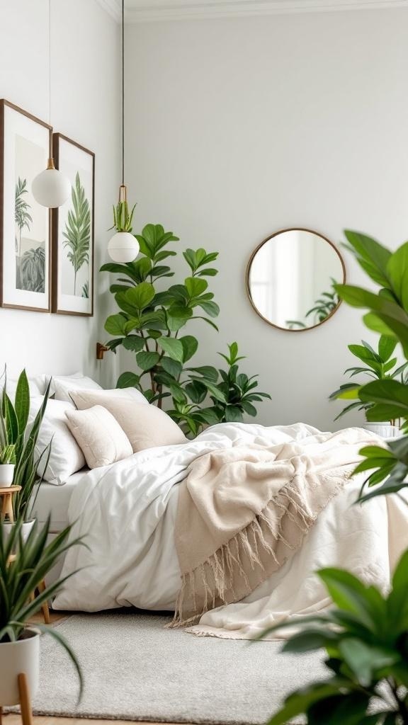 A cozy bedroom with indoor plants, soft bedding, and a mirror.