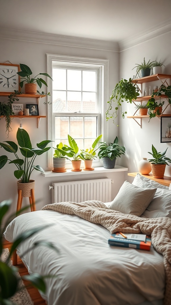 Cozy farmhouse bedroom with indoor plants by the window and on shelves