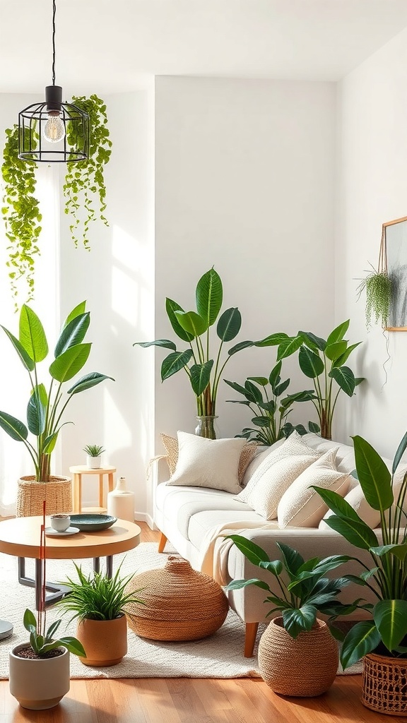 A bright living room filled with various indoor plants, featuring a cozy sofa and natural light.