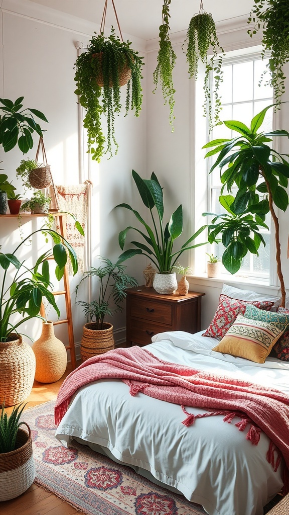 A cozy boho bedroom filled with various indoor plants, featuring a bed with colorful pillows and a warm blanket.