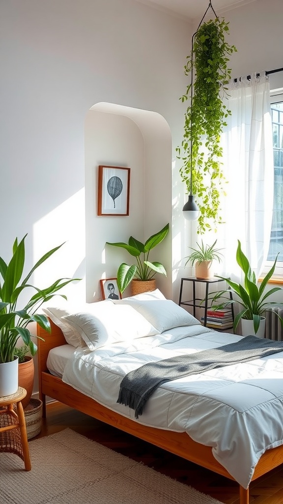 A serene bedroom featuring indoor plants, a cozy bed, and natural sunlight.