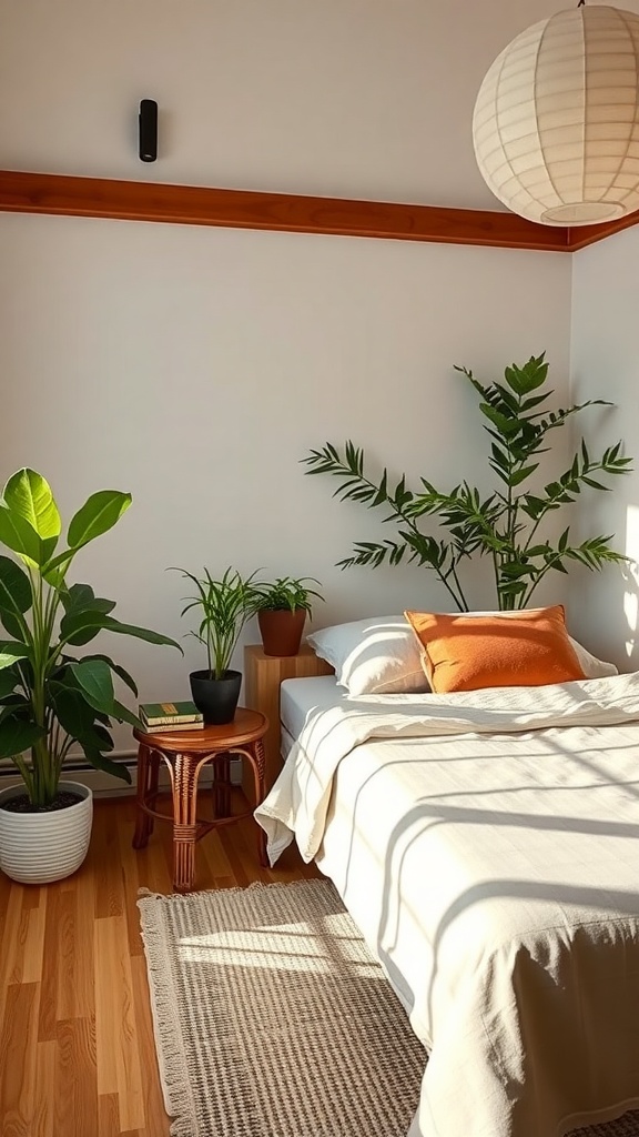 A serene bedroom with indoor plants, featuring a bed, wooden furniture, and natural light.
