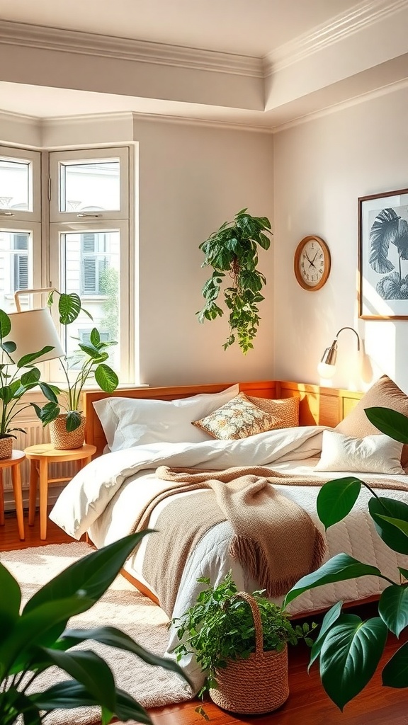 A cozy bedroom with indoor plants, featuring a bed with soft blankets and decorative pillows, and natural light coming through the windows.