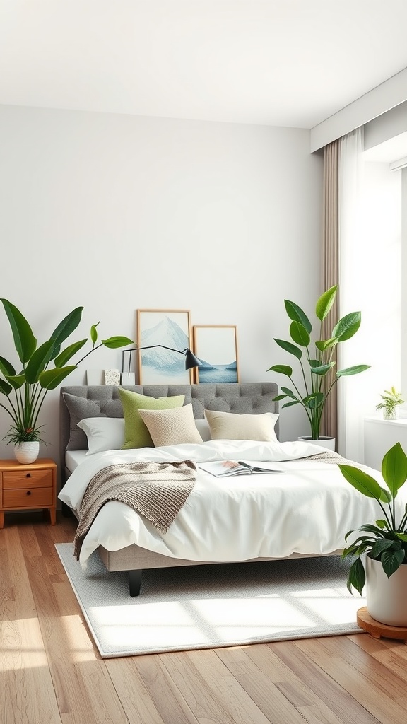 A modern bedroom with a bed, decorative pillows, and indoor plants creating a tranquil atmosphere.