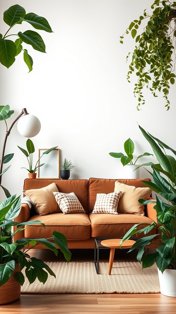 A cozy living room featuring a brown couch surrounded by various indoor plants.