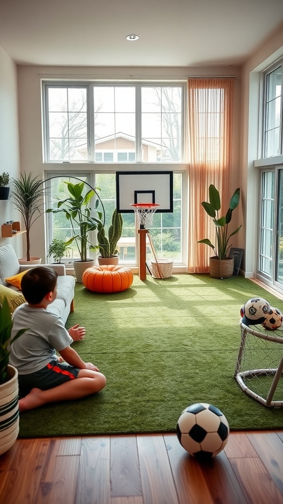 A cozy family room with a child sitting on a couch, a mini basketball hoop, and soccer equipment, showcasing an indoor play area.