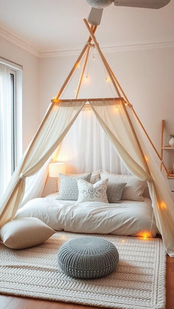 Cozy indoor tent with cushions and fairy lights in a bedroom
