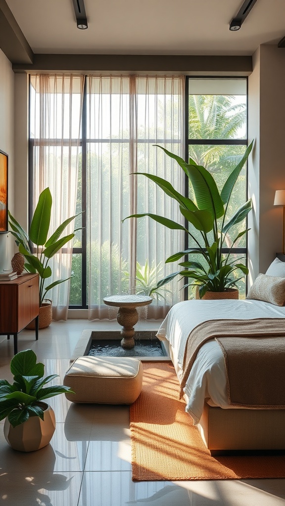 A tropical bedroom featuring a water fountain surrounded by plants and large windows.