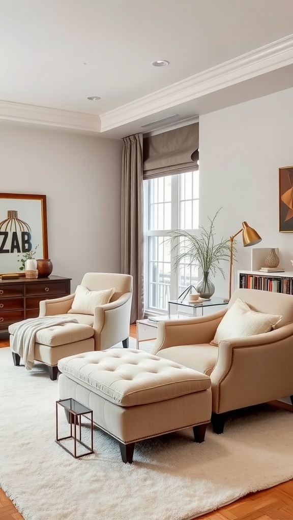 Elegant seating area in a luxury bedroom featuring two armchairs, an ottoman, and a side table on a plush rug.