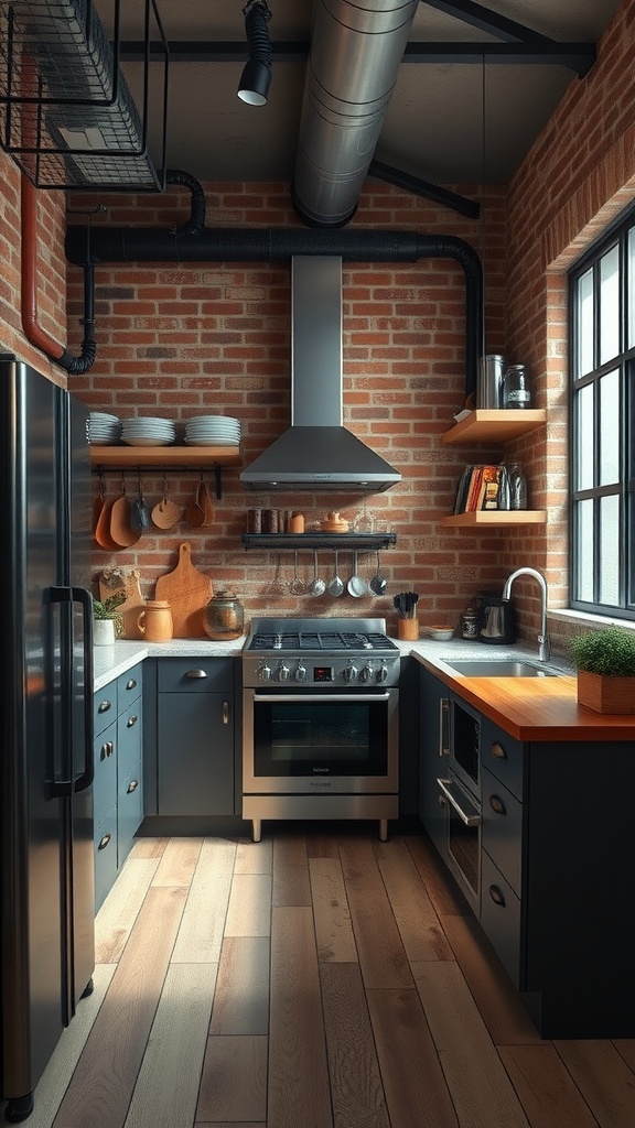 A kitchen featuring industrial-style design with exposed brick walls, metal accents, and wooden countertops.