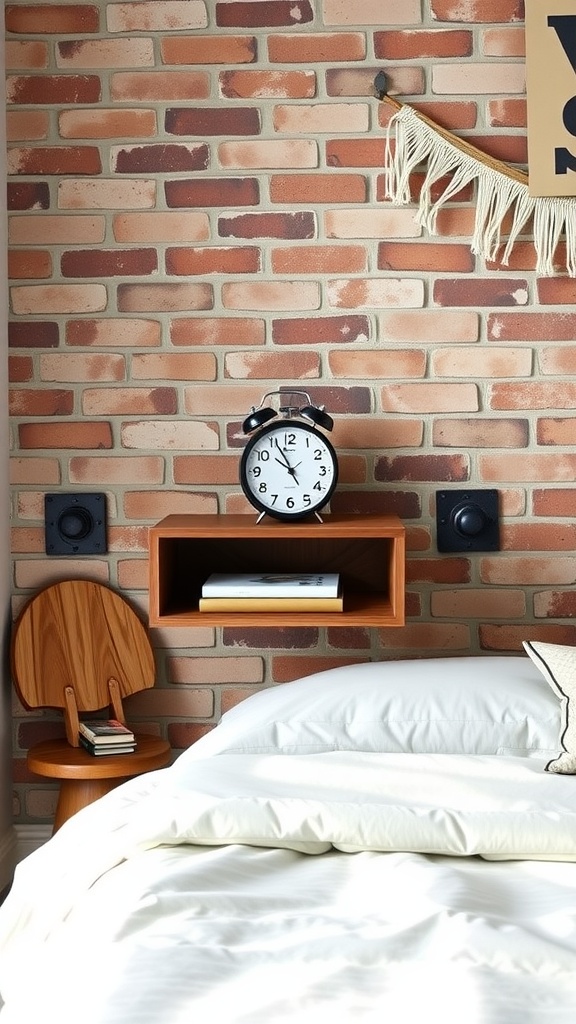 A wooden floating shelf with a clock and book against a brick wall, complemented by a wooden stool.