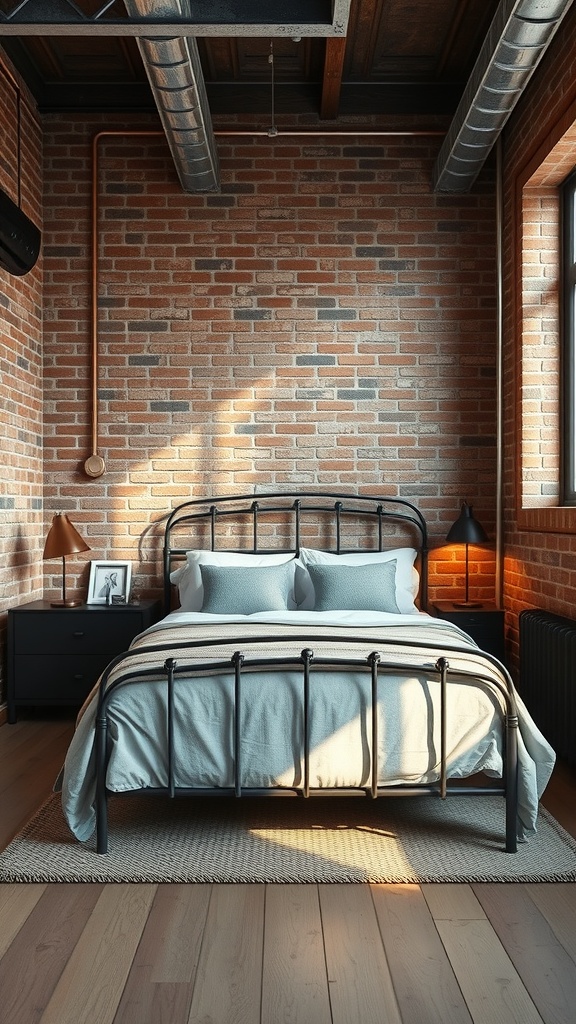 A small masculine bedroom featuring industrial-style furniture, including a metal bed frame, dark bedside tables, and a brick wall.