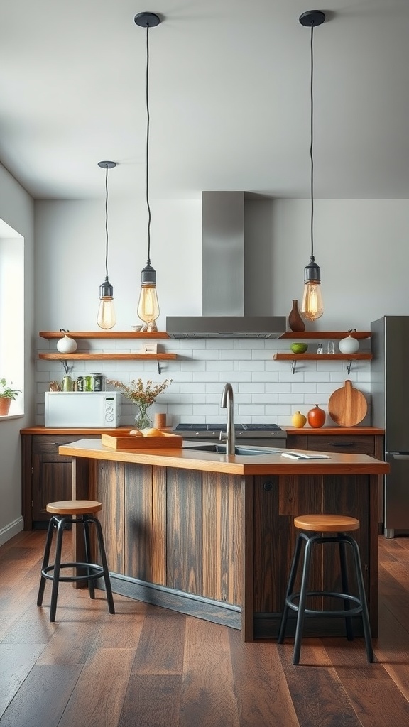 Industrial-style pendant lights over a wooden kitchen island