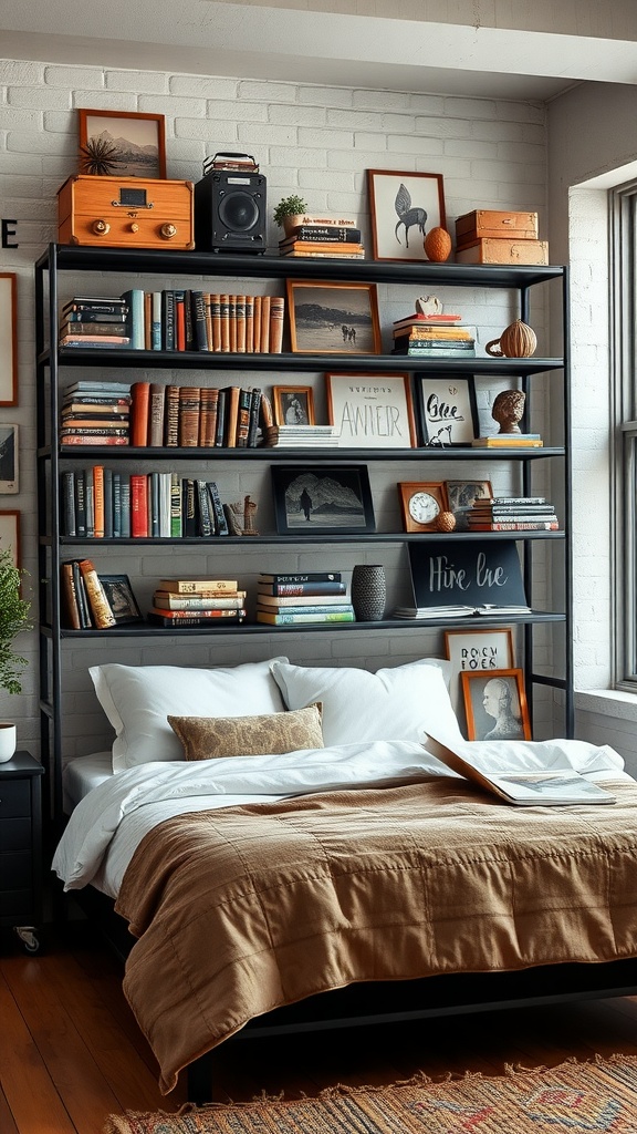 Bedroom featuring industrial-style metal shelves filled with books and decor