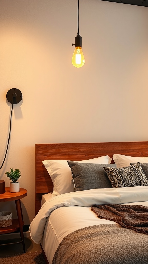 A cozy bedroom featuring industrial-style sconces and modern lighting.