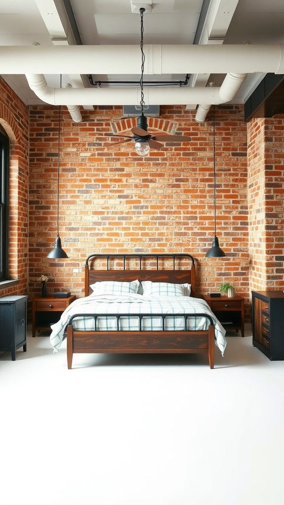 A loft bedroom featuring exposed brick walls, a metal bed frame, plaid bedding, and industrial-style lighting.