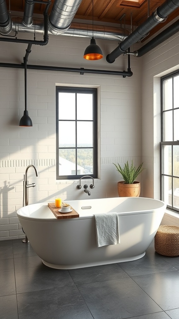 A modern bathroom featuring a freestanding bathtub, industrial-style decor with exposed pipes and large windows.