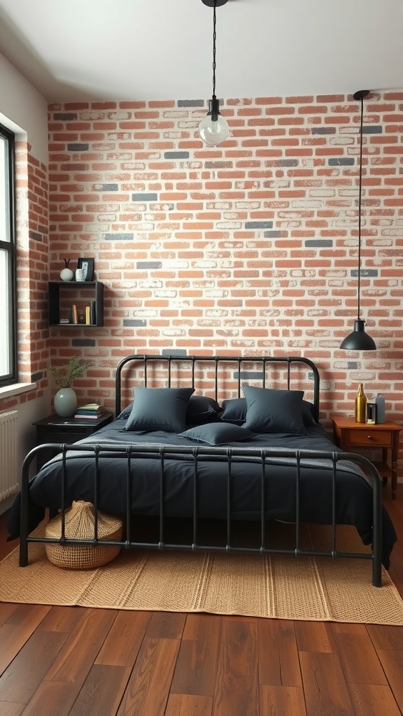 Industrial chic bedroom featuring a black metal bed frame against a brick wall.