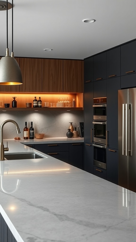 A modern kitchen featuring industrial chic concrete countertops with dark cabinetry and warm lighting.
