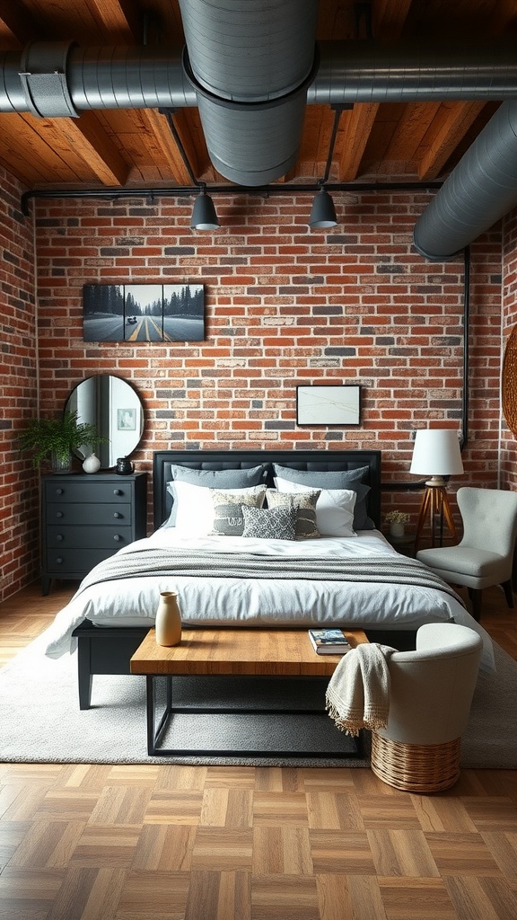 A stylish industrial chic basement bedroom featuring exposed brick walls, wooden beams, and modern furniture.