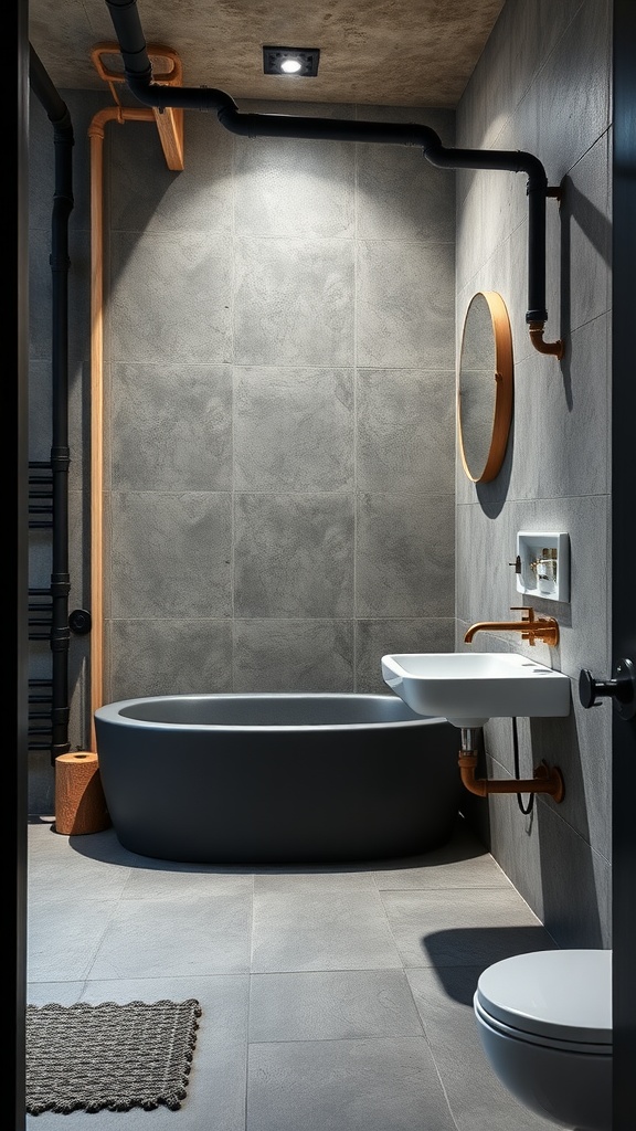 A minimalist industrial bathroom featuring a round black bathtub, exposed plumbing, and gray tiles.