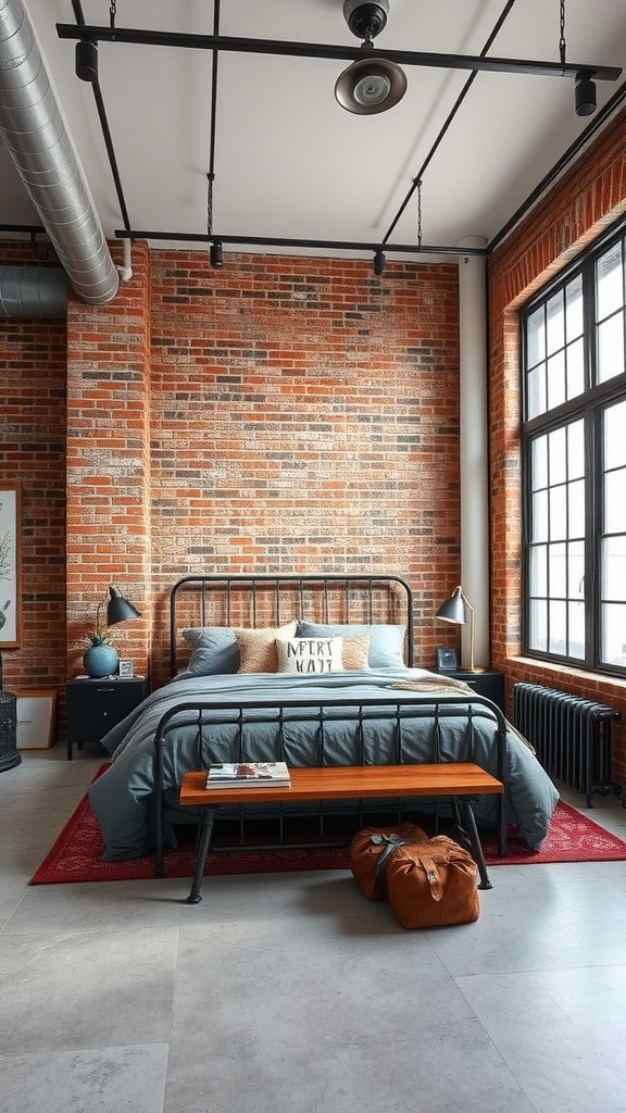 A stylish industrial chic loft bedroom with exposed brick walls, a metal bed frame, and modern decor.