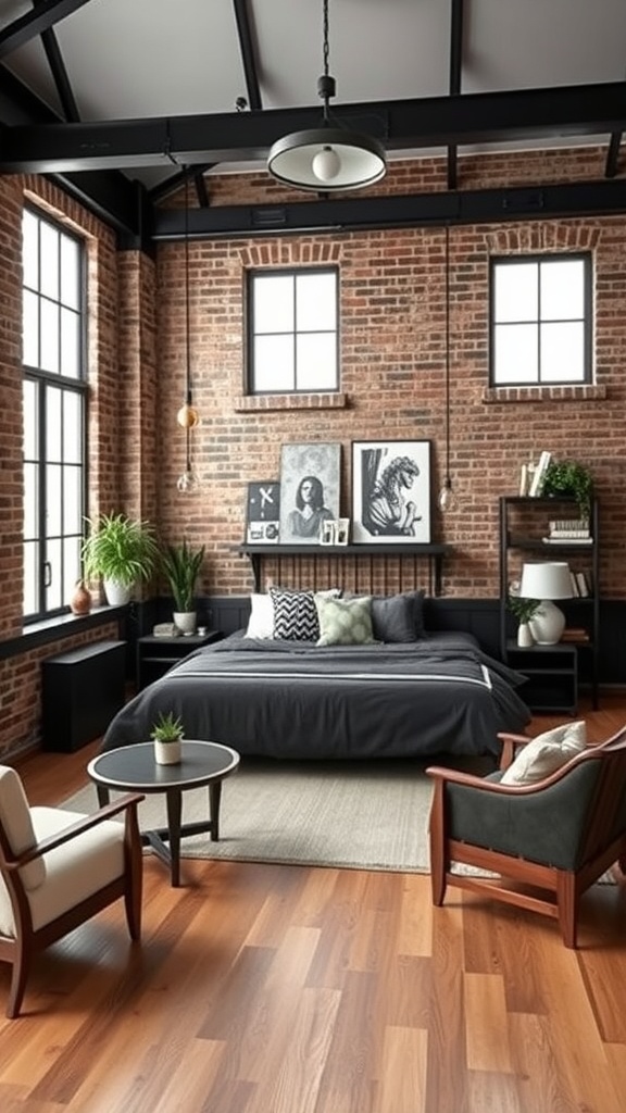 A stylish industrial chic living room featuring exposed brick walls, black accents, and cozy furniture.