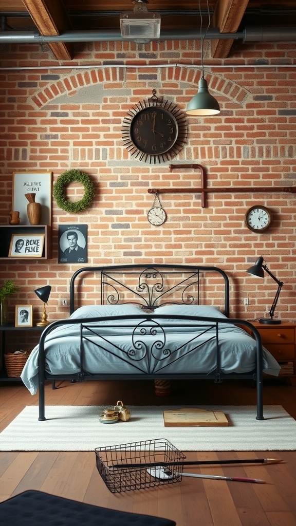 A cozy bedroom featuring a black metal bed frame against a brick wall, complemented by warm wooden flooring and stylish decor.