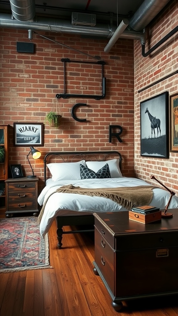 A stylish bedroom with exposed brick walls, featuring a bed with white linens, a knitted throw, dark wooden furniture, and industrial decor.