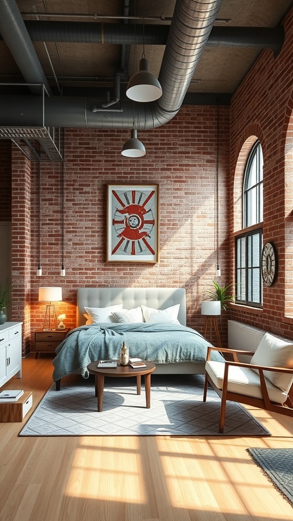 Loft-style bedroom featuring exposed brick walls, large windows, and industrial decor.