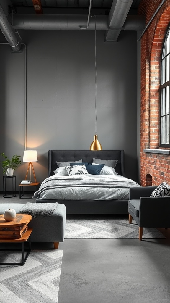 A stylish industrial chic bedroom featuring gray walls, a sleek bed, and warm lighting.