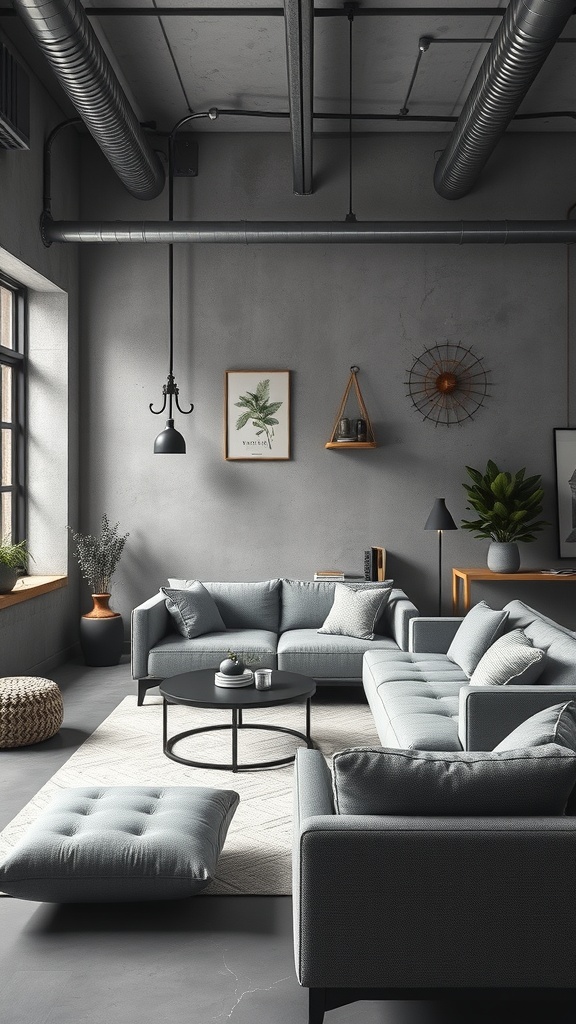 A grey living room featuring industrial design elements with grey sofas, a round coffee table, and exposed pipes.