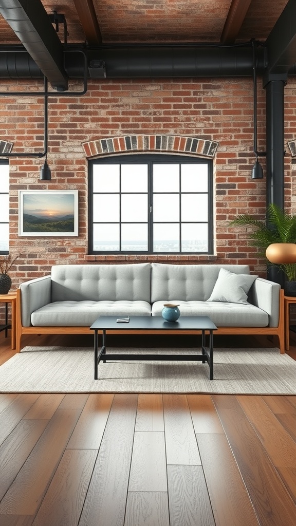 A light grey couch in an industrial-style living room with exposed brick walls and large windows.