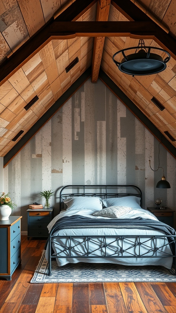 A chic attic bedroom featuring a metal bed frame, wooden ceiling, and stylish decor.