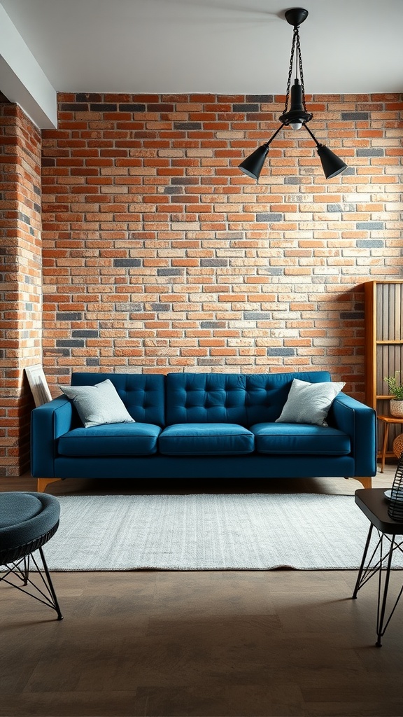 Living room featuring a navy blue sofa against a brick wall with industrial lighting.
