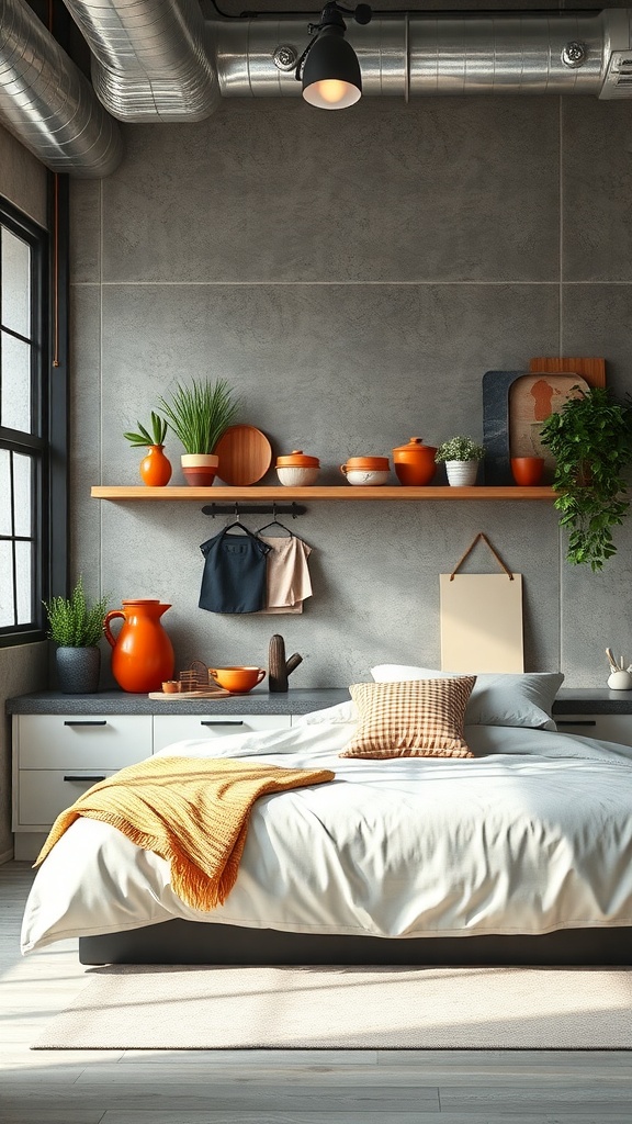 A modern kitchen featuring a concrete backsplash, orange kitchenware, and greenery.