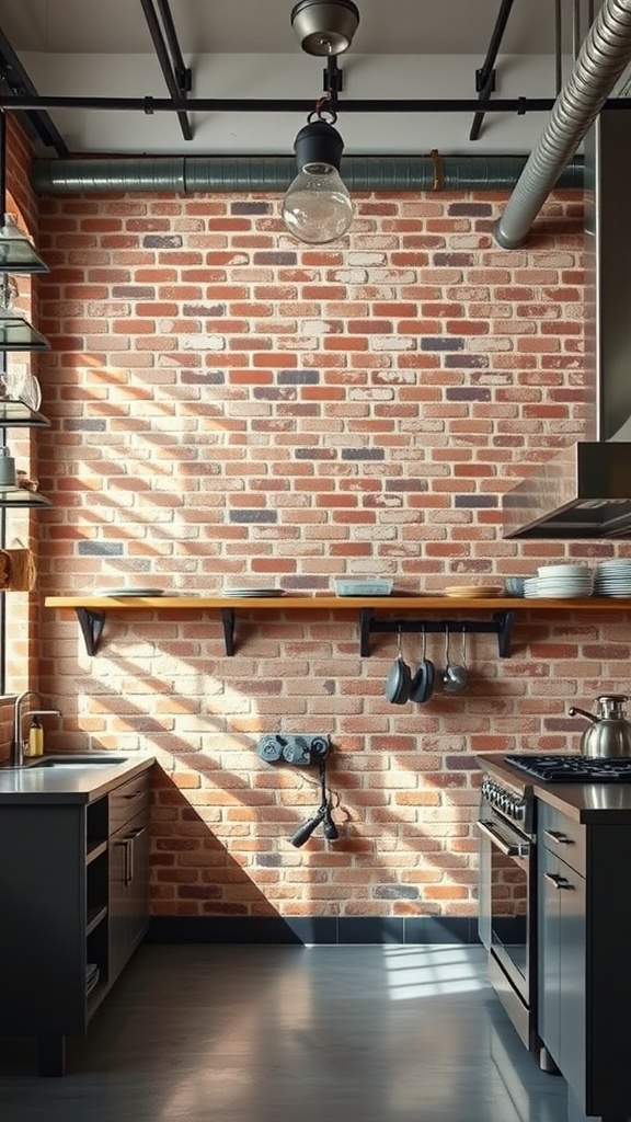 A modern kitchen featuring exposed brick walls, black cabinetry, and industrial light fixtures.