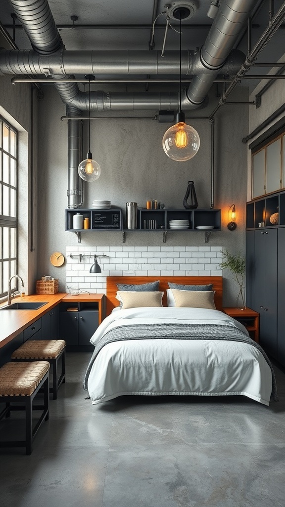 A stylish grey kitchen featuring industrial elements and metal finishes.