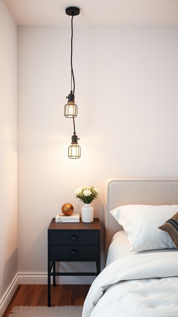 A small masculine bedroom with industrial lighting fixtures hanging above a bedside table.