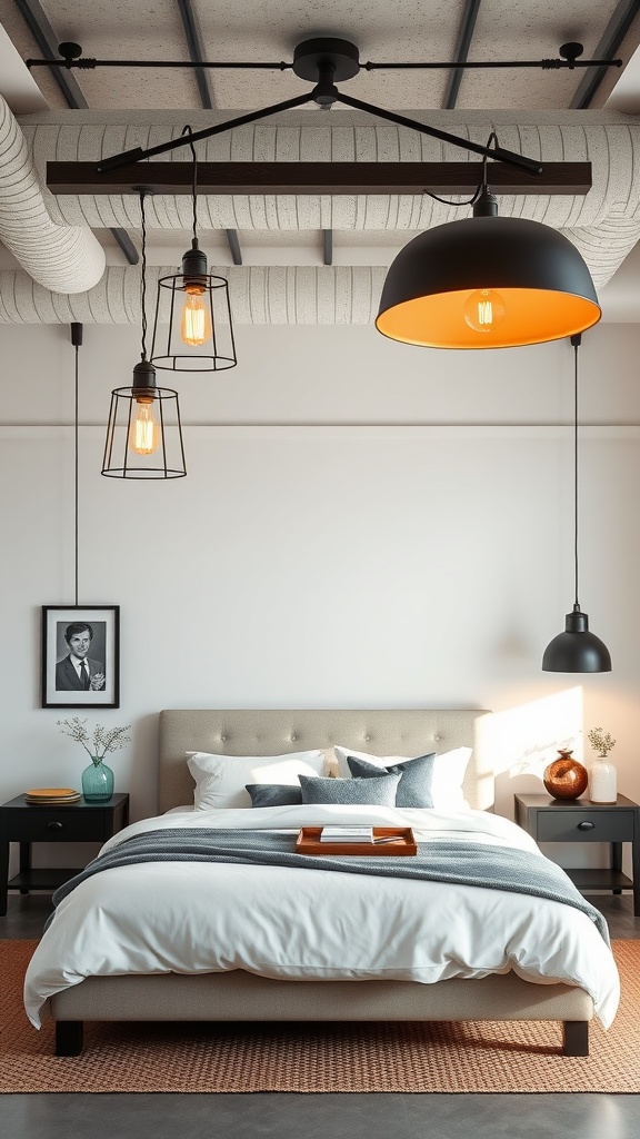 An industrial-style bedroom featuring unique lighting fixtures, including a large black dome light and pendant lights with Edison bulbs.